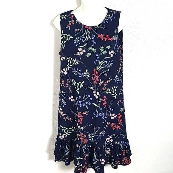 Tommy Hilfiger Navy Blue Sleeveless Floral Dress with Layered Ruffle Hem Size 10 - Picture 1 of 7